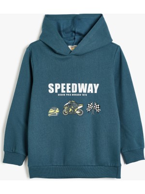 Koton Mavi Kapşonlu Sweatshirt Uzun Kollu Erkek Çocuk Motosiklet Baskılı Ekstra Rahat