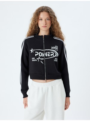 Koton Crop Fermuarlı Sweatshirt Kolej Baskılı Dik Yaka Şardonlu