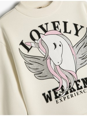 Koton Sweatshirt Unicorn Baskılı Bisiklet Yaka Uzun Kollu Şardonlu Pamuklu