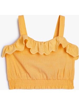 Koton Crop Bluz Askılı Beli Lastikli Fırfır Detaylı Pamuklu