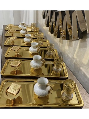Elzem Tepsi Gold Kaplama Paslanmaz Çelik Dikdörtgen Model Sunum Tepsisi 6'lı Set 13x33 cm