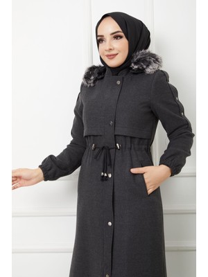 KMK Kombin Kadın Yeni Sezon Boydan Fermuarlı Tam Boy Kaşmir Kapşonu Kürklü Uzun Kaşe Pardesü Mont Kaban