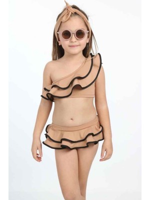 Miniğimin Cicileri Volanlı Kız Çocuk Bikini -Kahve