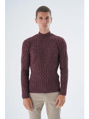 Trist Star Erkek Bordo Yarım Balıkçı Fitilli Yürütme Saç Örgülü Yün Triko Örme Kazak TRIST-5343