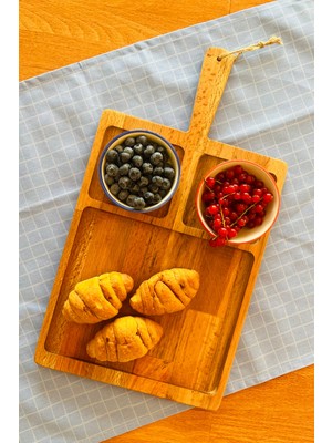Justwood Neper Doğal Ahşap Saplı Kayın Ağacı 3 Bölmeli Peynir Çerez Meyve Kahvaltı Sunum Tabağı 47X26 cm
