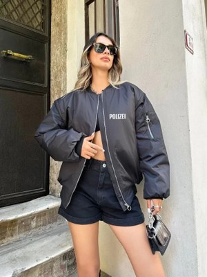 By Mino Unisex Uzun Kol Baskılı Bomber Ceket - Siyah