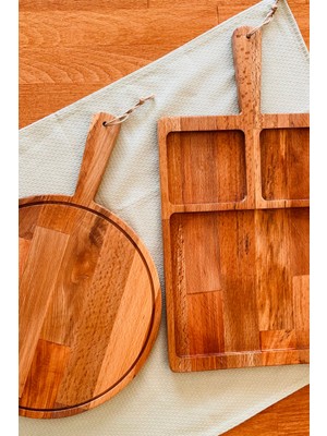 Justwood Neper 2 Li Doğal Ahşap Saplı Kayın Ağacı Bölmeli Peynir Çerez Meyve Kahvaltı Sunum Tabağı 47X26/35 cm