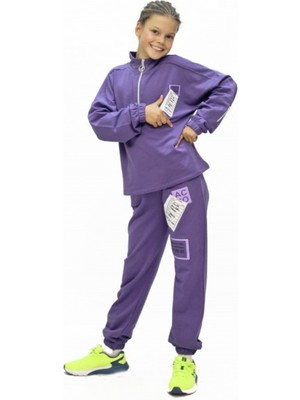 İrem Çocuk Giyim Kız Çocuk Fermuar Yakalı Sol Kolu Fermuar Cep Detaylı Mor Eşofman Takımı