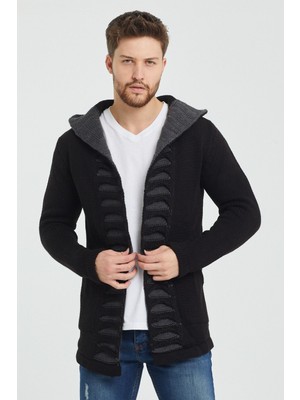 Tarz Cool Erkek Siyah Desenli Panço Triko Hırka Uzun Kol Dokuma Günlük Stil