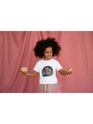 Bubuga Kız Çocuk Pamuk Küçük Mantar Baskılı Kısa Kol Tshirt