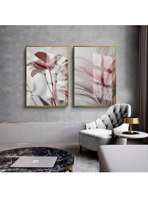 Harikabirev Harikabirev|Pembe-Gri Çiçek Kombini 01 |Çerçeveli Cam Tablo  2li Dikey