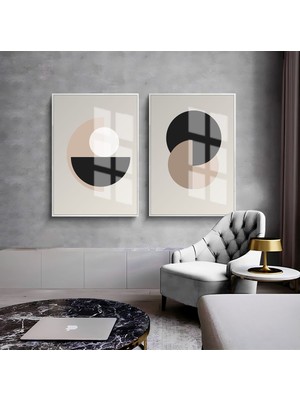 Harikabirev Harikabirev|Gri-Siyah-Bej Soyut Kombini 01 |Çerçeveli Cam Tablo  2li Dikey