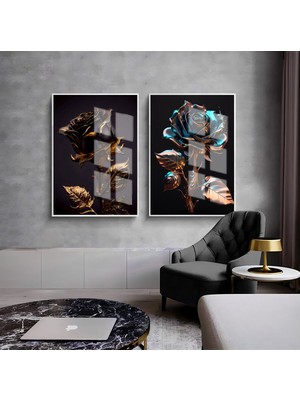 Harikabirev Harikabirev|Siyah-Gold Gül Kombini 001 |Çerçeveli Cam Tablo  2li Dikey