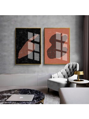 Harikabirev Harikabirev|Kırmızı-Siyah Noktalı Soyut Kombin 01 |Çerçeveli Cam Tablo  2li Dikey