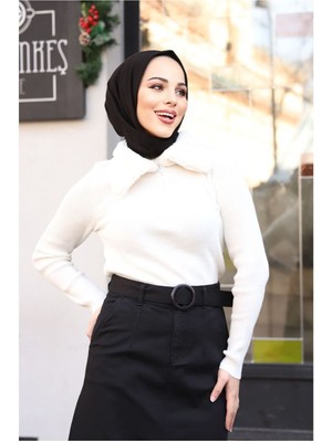 Vellichor Cep Detaylı Kemerli Tokalı Gabardin Etek-Badem