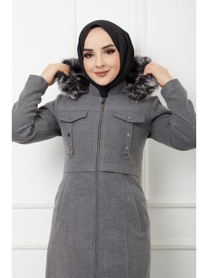 KMK Kombin Kadın Tam Boy Astarlı Kapşonlu Özaltay Kaşe Kaban