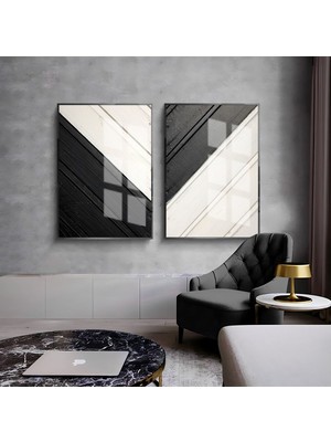 Siyah-Beyaz Çapraz Desen Soyut Kombini 1 |Çerçeveli Cam Tablo  2li Dikey