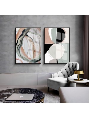 Gri-Pembe-Beyaz Soyut Kombini 1 |Çerçeveli Cam Tablo  2li Dikey