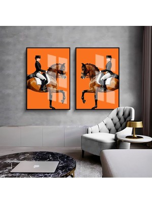 Turuncu-Kahverengi Kadın Ve At Kombini 01 |Çerçeveli Cam Tablo  2li Dikey