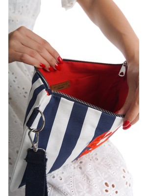 Mubiano Summer Kadın Lacivert/beyaz Çizgili Duck Keten Kumaş Istakoz Clutch & Portföy Çanta - MSLY0107-LB