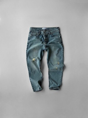 Slim Fit Kısa Paça Yıkamalı Distressed Jean Pantolon Buz Mavi