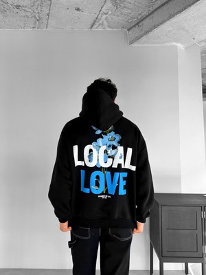 Abluka Online Oversize Local Love Baskılı Kapüşonlu Sweatshirt Siyah