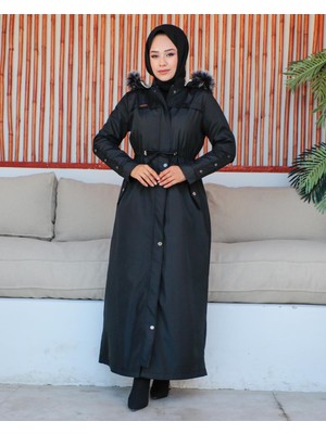 KMK Kombin Kmkkombin Kadın Uzun Bondit Kumaş Çift Cepli Içi Kürklü Tesettür Mont Özaltay