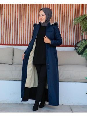KMK Kombin Kmkkombin Kadın Uzun Bondit Kumaş Çift Cepli Içi Kürklü Tesettür Mont Özaltay