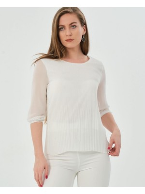 Zy Plus Beyaz Truvakar Kol Piliseli Şık Şifon Bluz