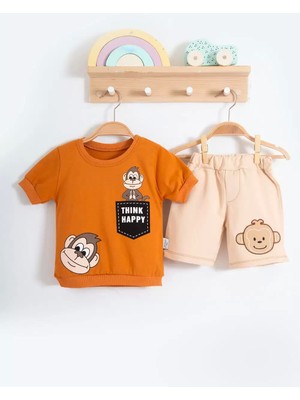 Candar 3-6-9-12-18 Ay Erkek Bebek Takım Maymun Desenli 2li Kahverengi
