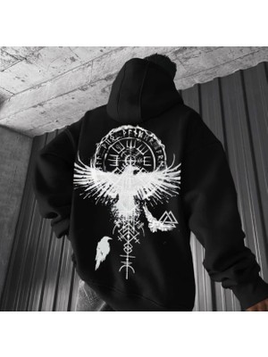 Amor Man Büyük Beden Özel Tasarım Kapüşonlu Viking Valhalla Kartalı Sırt Baskılı Oversize Battal Erkek Sweatshırt