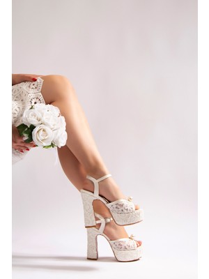 Nemesis Shoes Lolita Kadın Platform Topuklu Gelinlik Ayakkabı Beyaz Dantel