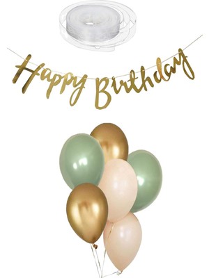 Özbal 7 Küf Yeşili 3 Krom Gold 3 Kum Rengi Pastel Balon Gold Happy Birthday Banner Mini Zincir Balon Seti