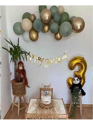 Özbal 7 Küf Yeşili 3 Krom Gold 3 Kum Rengi Pastel Balon Gold Happy Birthday Banner Mini Zincir Balon Seti