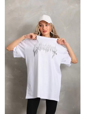 Koflandy Taş Desenli Oversize T-Shirt - Beyaz