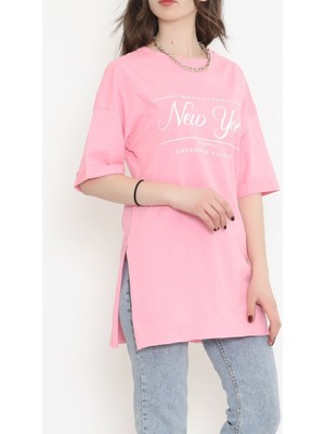 Shurax Baskılı Yan Yırtmaçlı T-Shirt Pembe