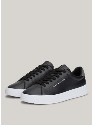 Tommy Hilfiger Siyah Erkek Sneaker Th Court Leather Graın Ess