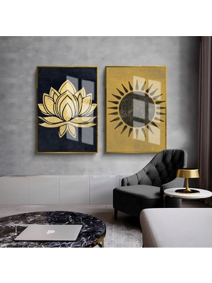 Harikabirev Harikabirev|gold-Siyah Güneş ve Lotus Çiçeği Kombini |çerçeveli Cam Tablo  2li Dikey