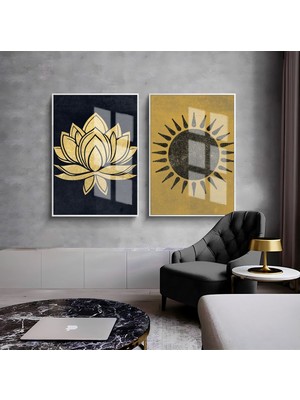Harikabirev Harikabirev|gold-Siyah Güneş ve Lotus Çiçeği Kombini |çerçeveli Cam Tablo  2li Dikey