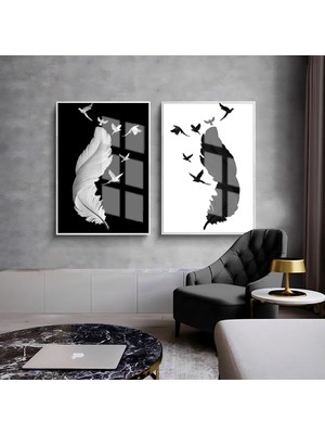 Harikabirev Harikabirev|beyaz-Siyah Tüy Kombini 02 |çerçeveli Cam Tablo  2li Dikey