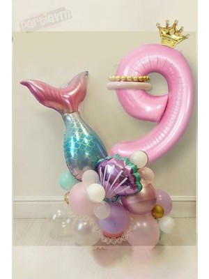 Parti Avm Deniz Kızı Balon Buketi Kraliçe Taçlı Pembe Rakam Balonlu Deniz Kabuğu Ful Set