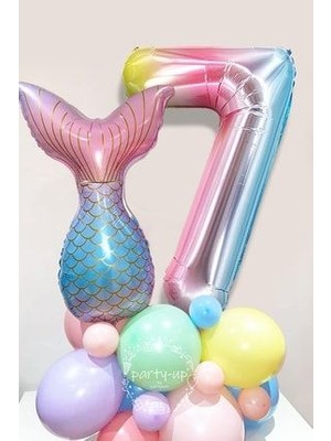 Parti Avm 7 Yaş Rakam Balonlu Deniz Kızı Kuyruğu Karşılama Seti Gökkuşağı Rakam Balon Balık Kuyruğu