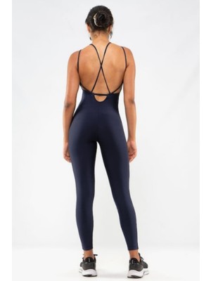 Kadın Indigo Renk Sırt Dekolteli Çapraz Bant Yoga Pilates Tayt Spor Tulum