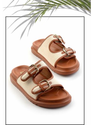 Bambi Kadın Bej Hasır Terlik Düz Tabanlı Tekstil Malzeme ile Rahat Kullanım Sunuyor