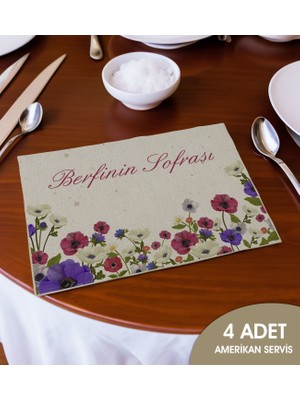 Bk Gift Kişiye Özel Çiçek Tasarımlı 4’li Keten Amerikan Servis Seti-9, Ev Hediyesi,baskılı Servis Bezi, Mutfak Dekoru