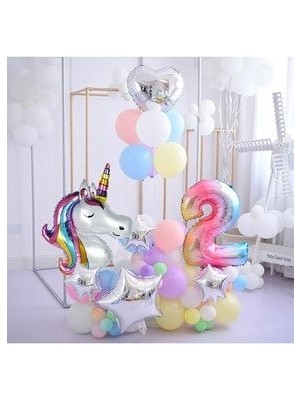 Parti Avm 100CM Gökkuşağı Rakam Balonlu Unicorn Temalı Doğum Günü Karşılama Seti Kolay Kurulum