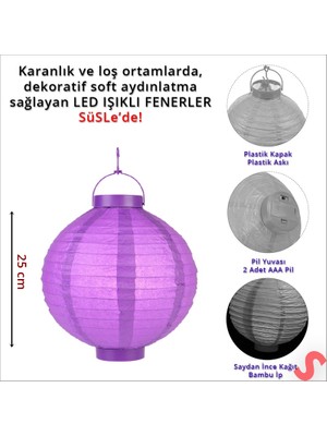 Süsle Bebek ve Parti Led Işıklı Pilli Kağıt Fener, 25,00 cm - Mor