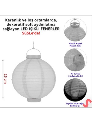 Süsle Bebek ve Parti Led Işıklı Pilli Kağıt Fener, 25,00 cm - Beyaz