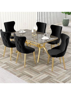 Canisa Esla Serisi 90X160 Lak Panel Antrasit Ironi Gold Kaplama Ayaklı Masa Takımı ve 6 Sandalye