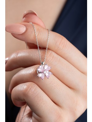 Silvano Jewelry 925 Ayar Gümüş Dönen Pembe Çiçek Kolye